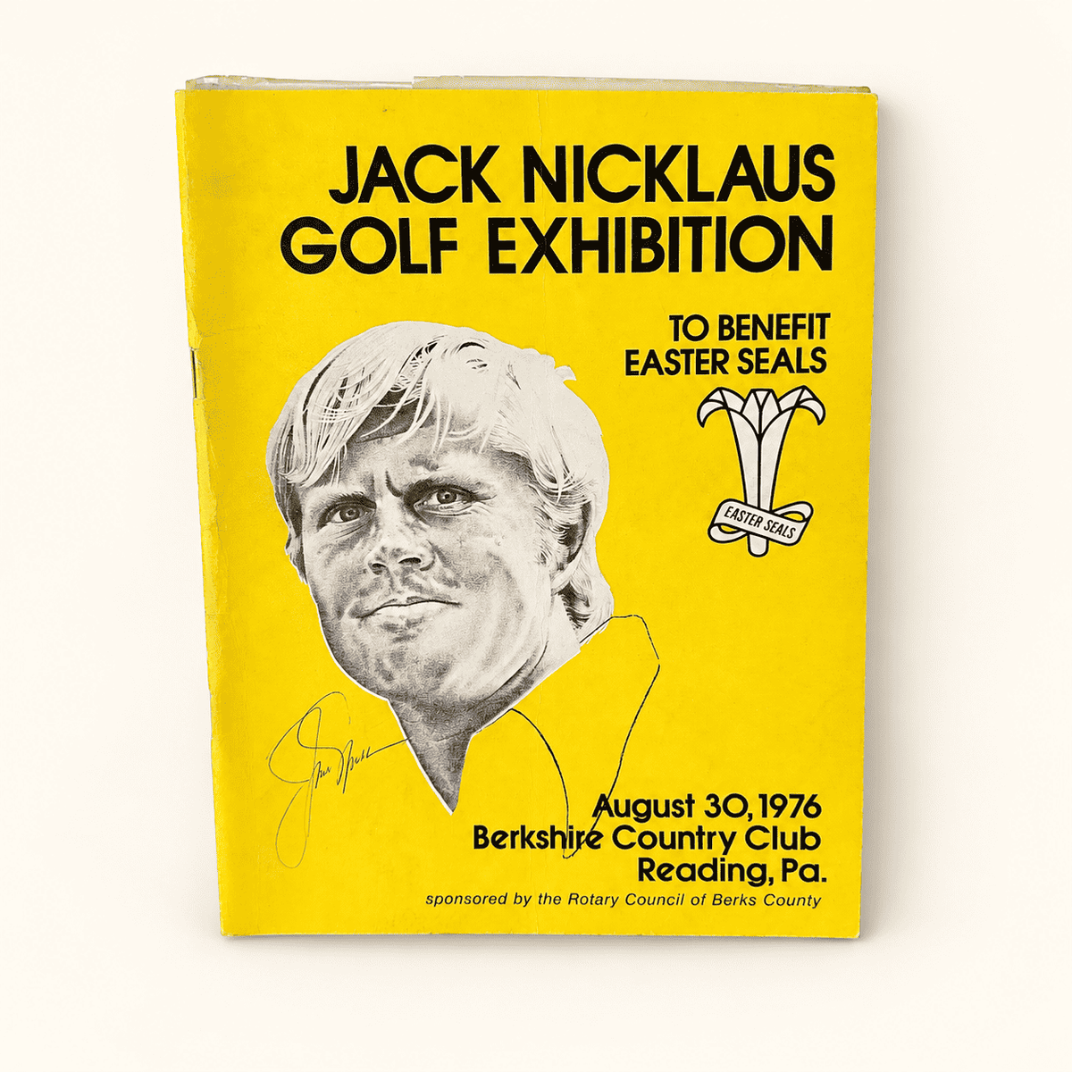 Jack Nicklaus signed 1976 golf exhibition program, yellow cover with portrait, photo 1 of 2