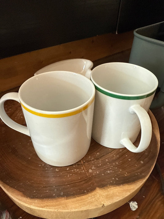 Japanese Ceramic Mugs, Set of 2 — One Yellow Rim, One Green Rim, 4.25"H, Original Stickers - Loom Vintage
