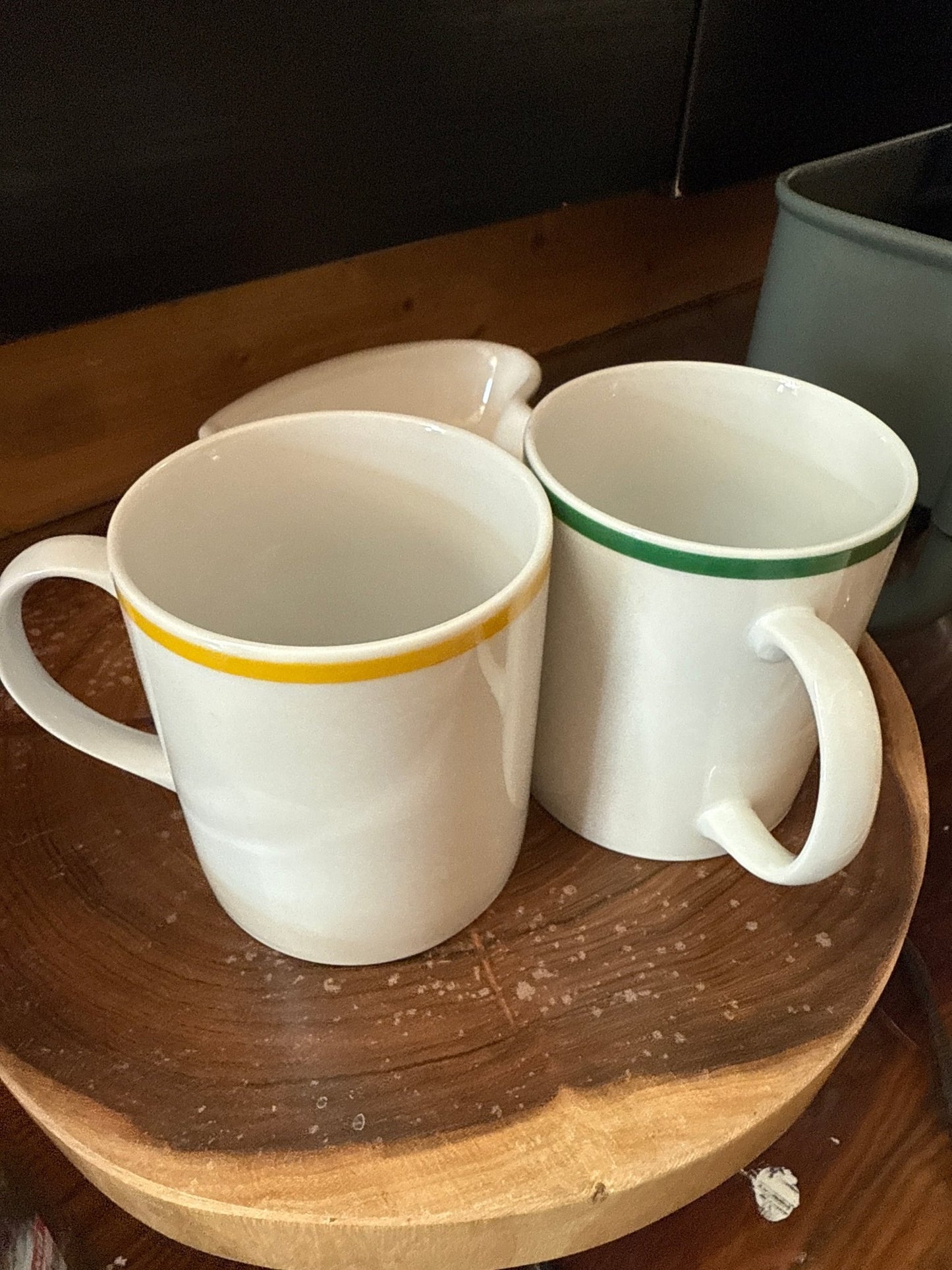 Japanese Ceramic Mugs, Set of 2 — One Yellow Rim, One Green Rim, 4.25"H, Original Stickers - Loom Vintage