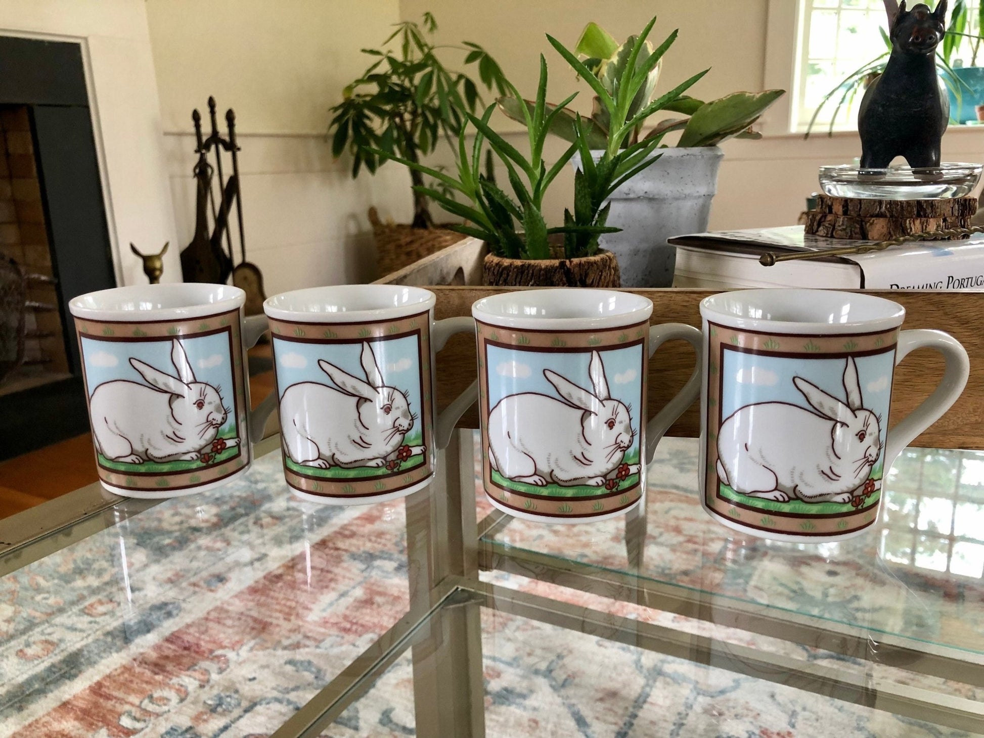 Japanese Stoneware Bunny & Farmhouse Mugs, Set of 4 — Bunny Garden Design, 3.5"H, Made in Japan - Loom Vintage