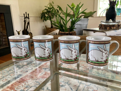 Japanese Stoneware Bunny & Farmhouse Mugs, Set of 4 — Bunny Garden Design, 3.5"H, Made in Japan - Loom Vintage