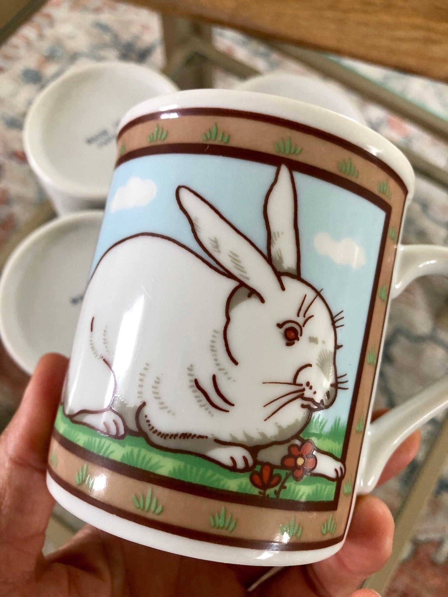 Japanese Stoneware Bunny & Farmhouse Mugs, Set of 4 — Bunny Garden Design, 3.5"H, Made in Japan - Loom Vintage