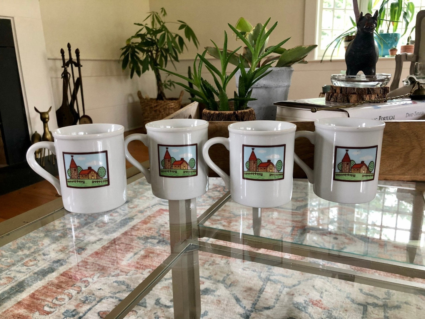 Japanese Stoneware Bunny & Farmhouse Mugs, Set of 4 — Bunny Garden Design, 3.5"H, Made in Japan - Loom Vintage