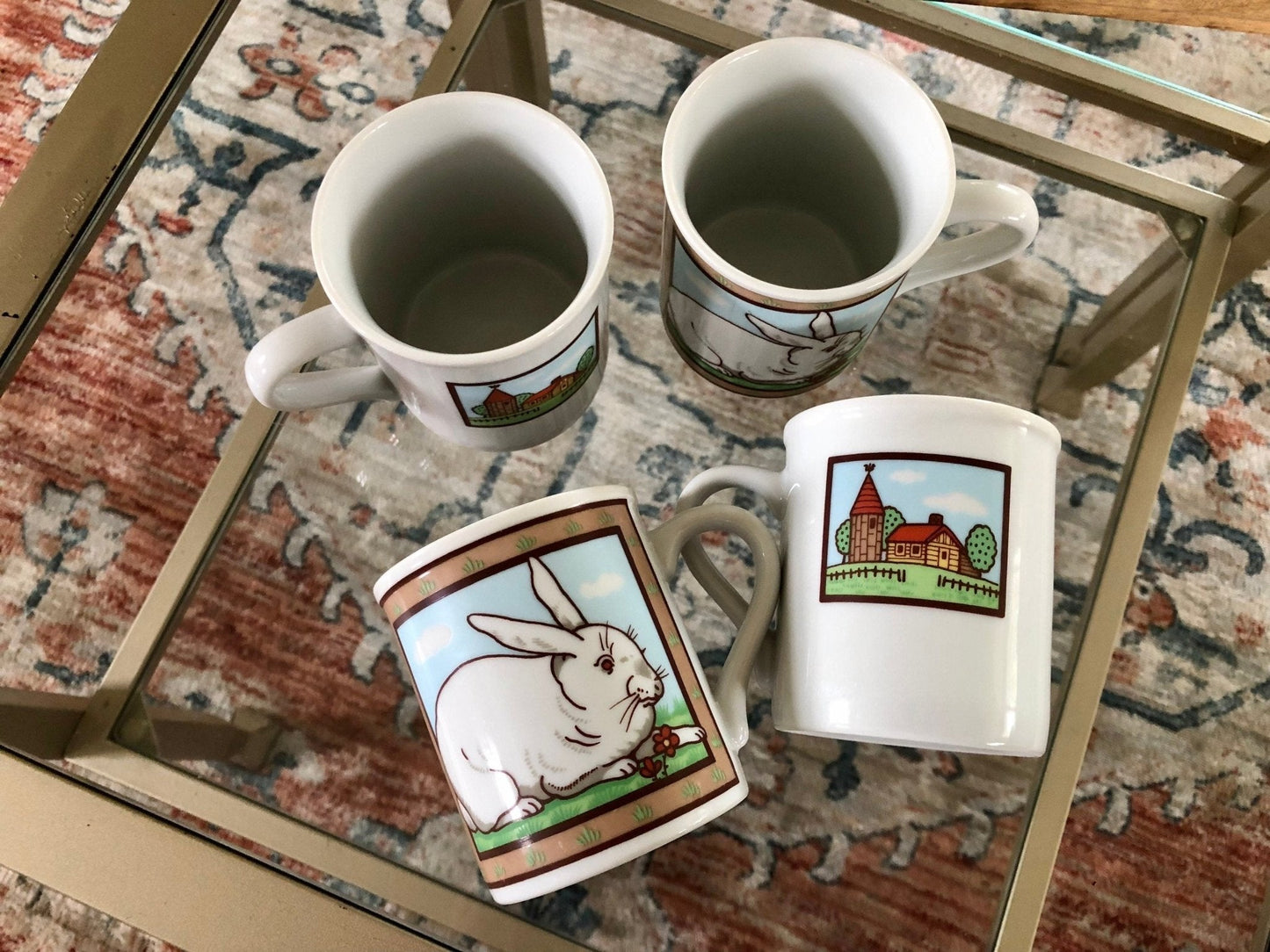 Japanese Stoneware Bunny & Farmhouse Mugs, Set of 4 — Bunny Garden Design, 3.5"H, Made in Japan - Loom Vintage
