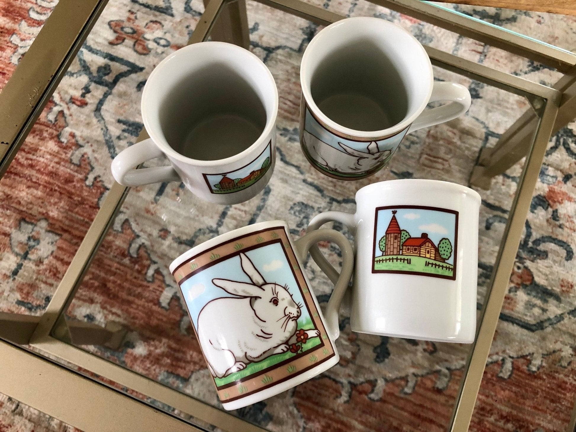 Japanese Stoneware Bunny & Farmhouse Mugs, Set of 4 — Bunny Garden Design, 3.5"H, Made in Japan - Loom Vintage