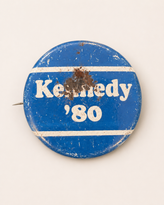 Kennedy 80 campaign button, white lettering on blue, worn condition