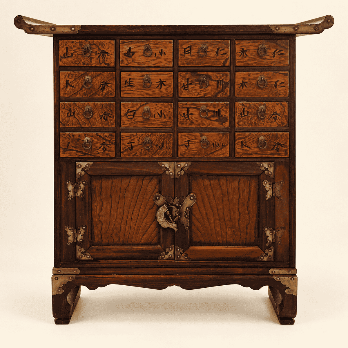 Vintage Korean medicine chest with sixteen carved elm drawers and two-door cupboard, front view