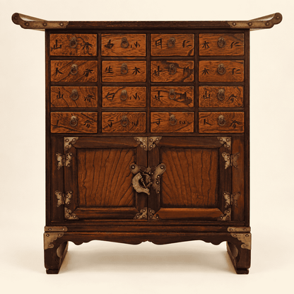 Vintage Korean medicine chest with sixteen carved elm drawers and two-door cupboard, front view