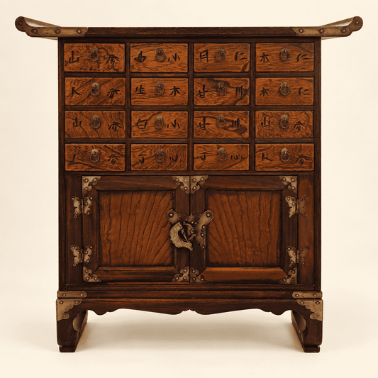 Vintage Korean medicine chest with sixteen carved elm drawers and two-door cupboard, front view