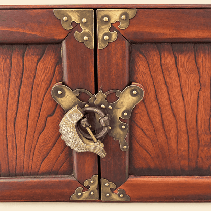 Brass fish lock on butterfly plate securing the cupboard doors of Korean medicine chest