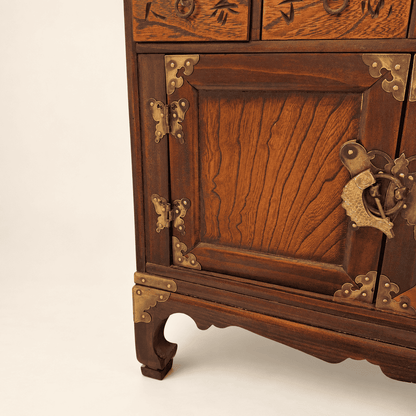 Lower cupboard doors with brass butterfly hinges and fish lock on Korean medicine chest