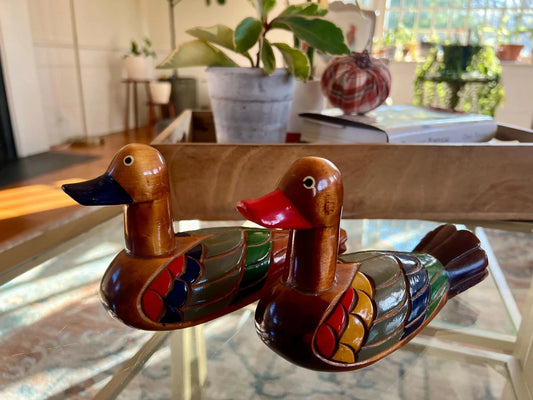 Korean Wedding Ducks, Hand-Carved & Painted Wood Mallard Pair — Vintage Folk Art - Loom Vintage