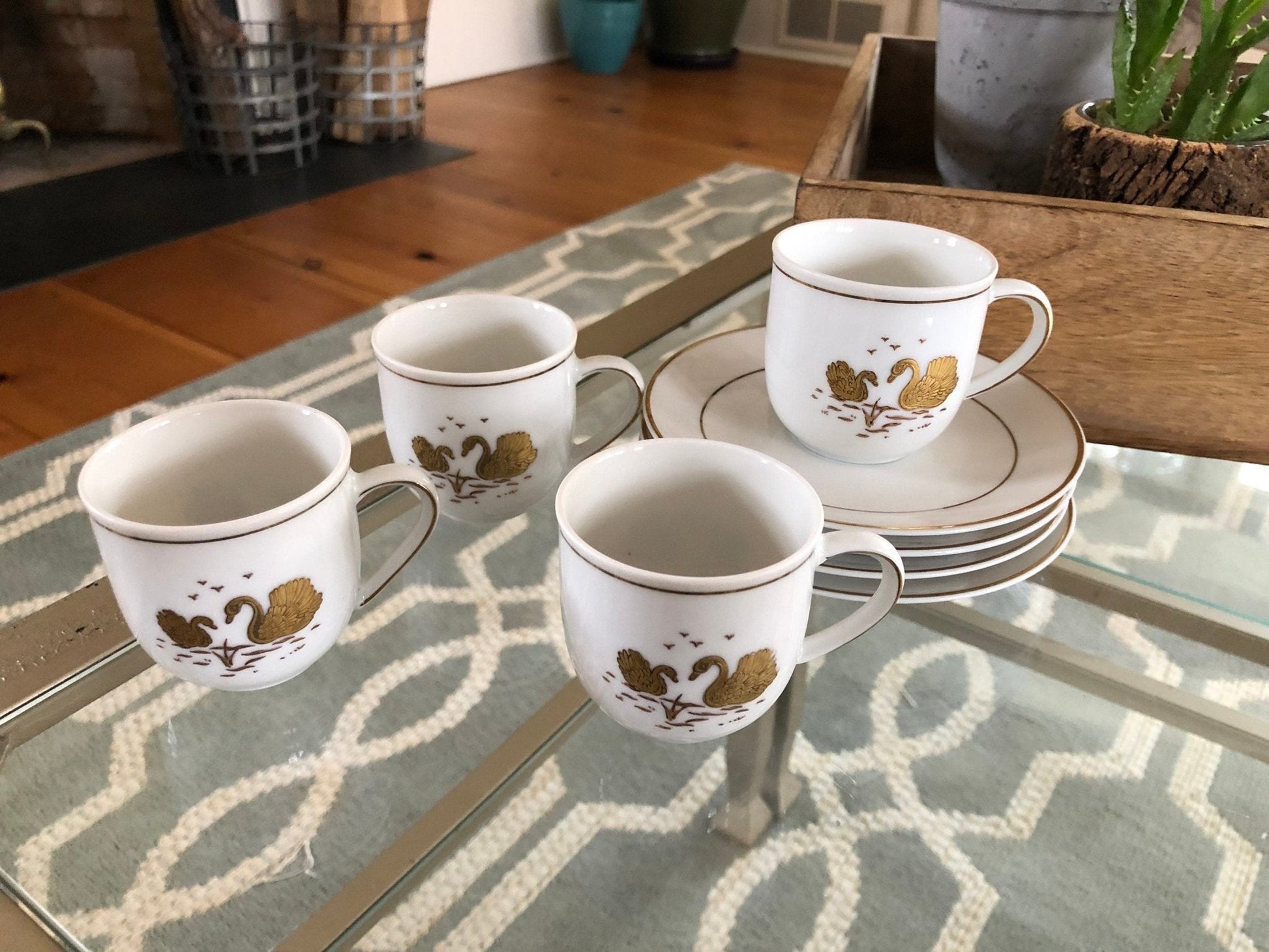 Kronester Bavaria Demitasse Cups & Saucers, Set of 4 — Gold Swan, West Germany, c. pre - 1990 - Loom Vintage