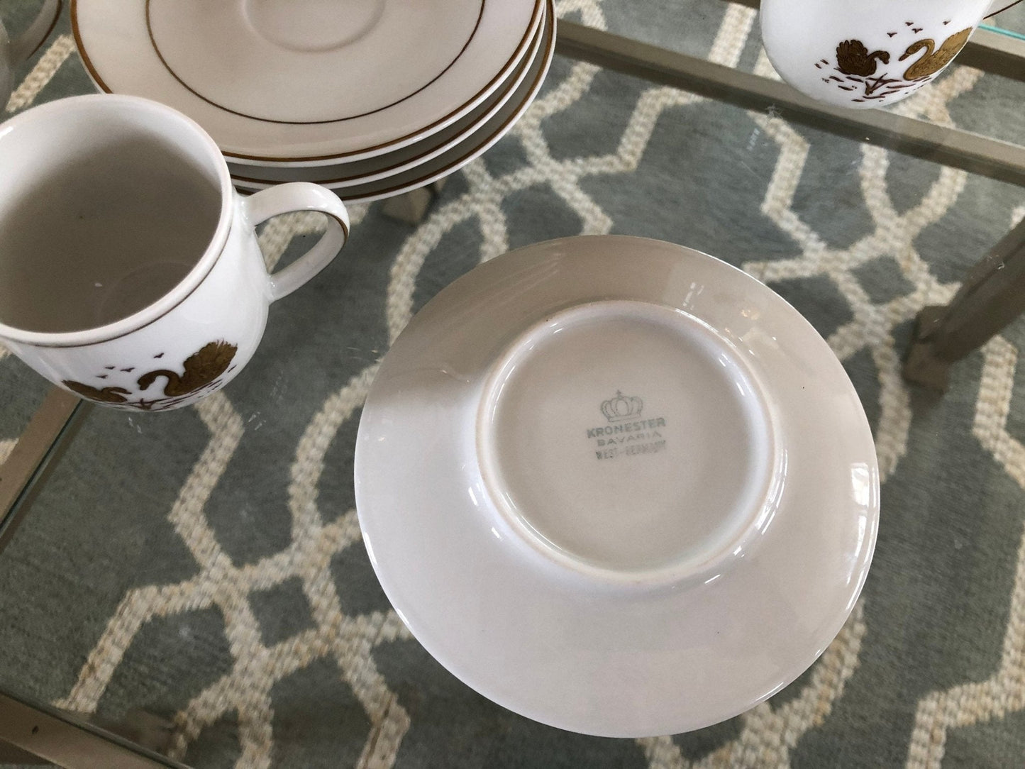 Kronester Bavaria Demitasse Cups & Saucers, Set of 4 — Gold Swan, West Germany, c. pre - 1990 - Loom Vintage