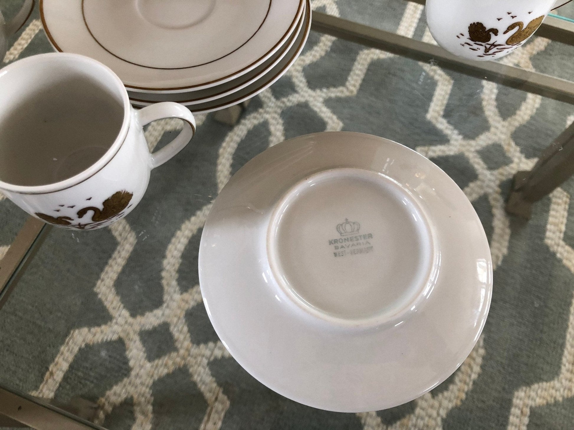 Kronester Bavaria Demitasse Cups & Saucers, Set of 4 — Gold Swan, West Germany, c. pre - 1990 - Loom Vintage