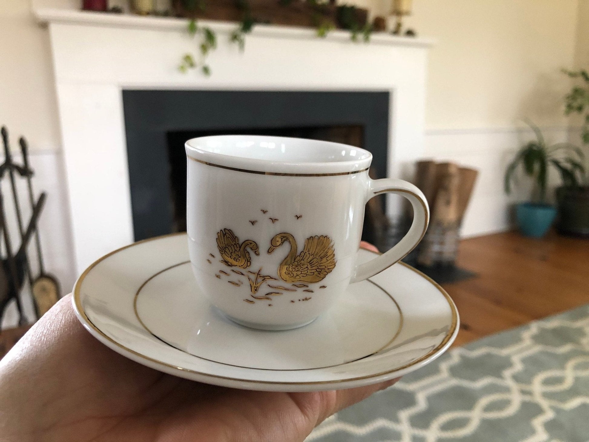 Kronester Bavaria Demitasse Cups & Saucers, Set of 4 — Gold Swan, West Germany, c. pre - 1990 - Loom Vintage