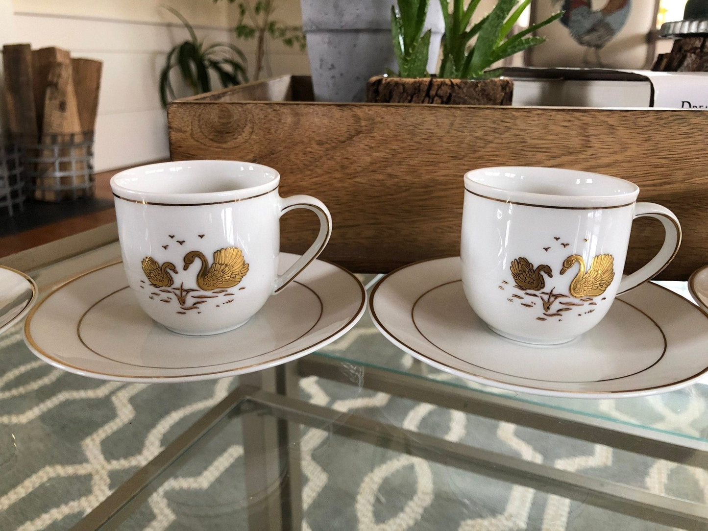 Kronester Bavaria Demitasse Cups & Saucers, Set of 4 — Gold Swan, West Germany, c. pre - 1990 - Loom Vintage