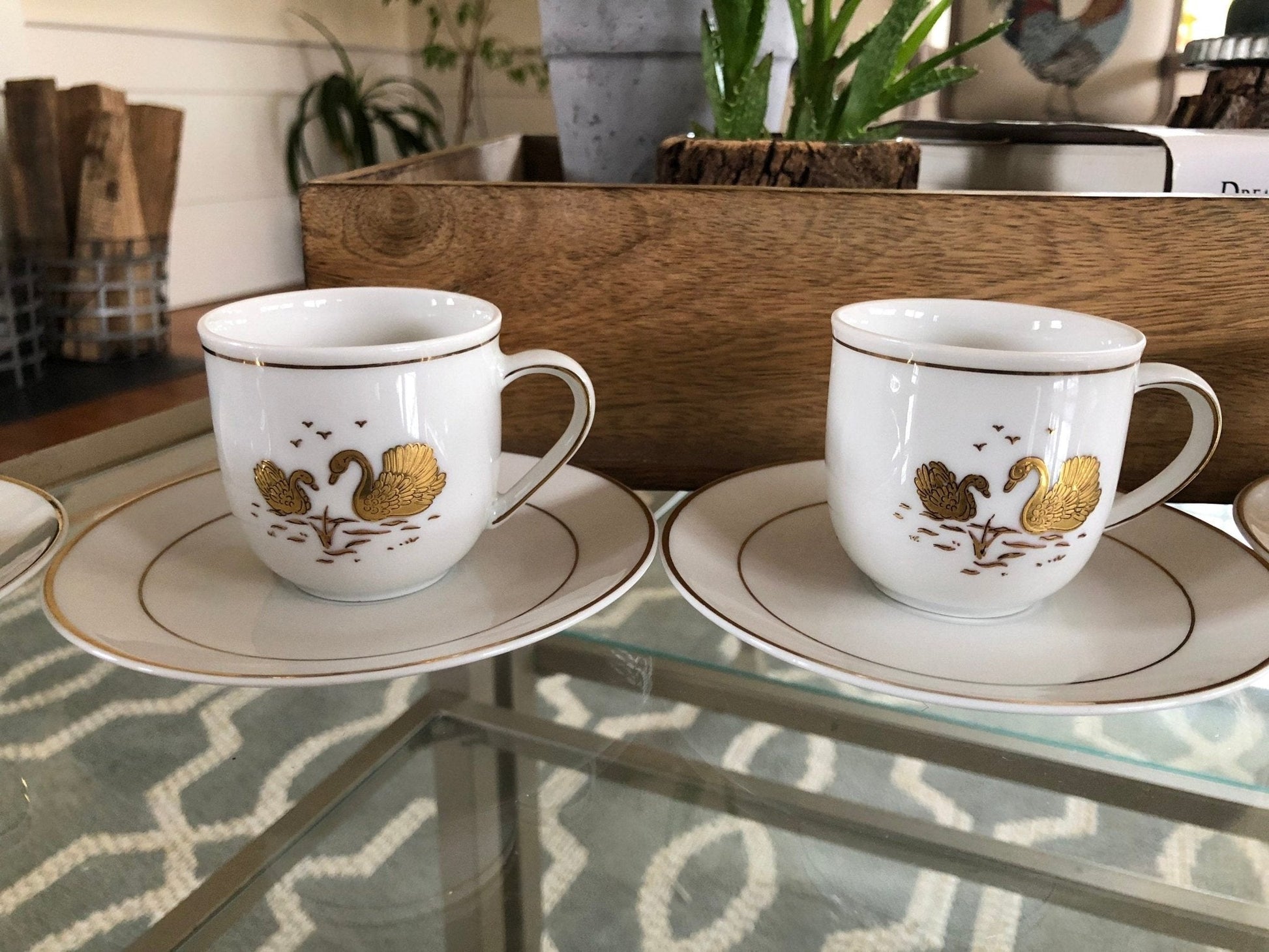 Kronester Bavaria Demitasse Cups & Saucers, Set of 4 — Gold Swan, West Germany, c. pre - 1990 - Loom Vintage