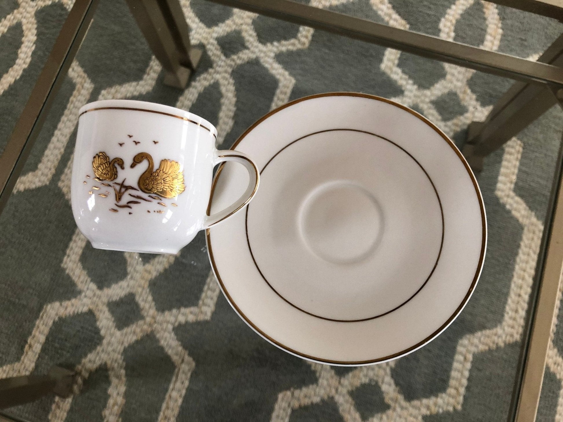 Kronester Bavaria Demitasse Cups & Saucers, Set of 4 — Gold Swan, West Germany, c. pre - 1990 - Loom Vintage