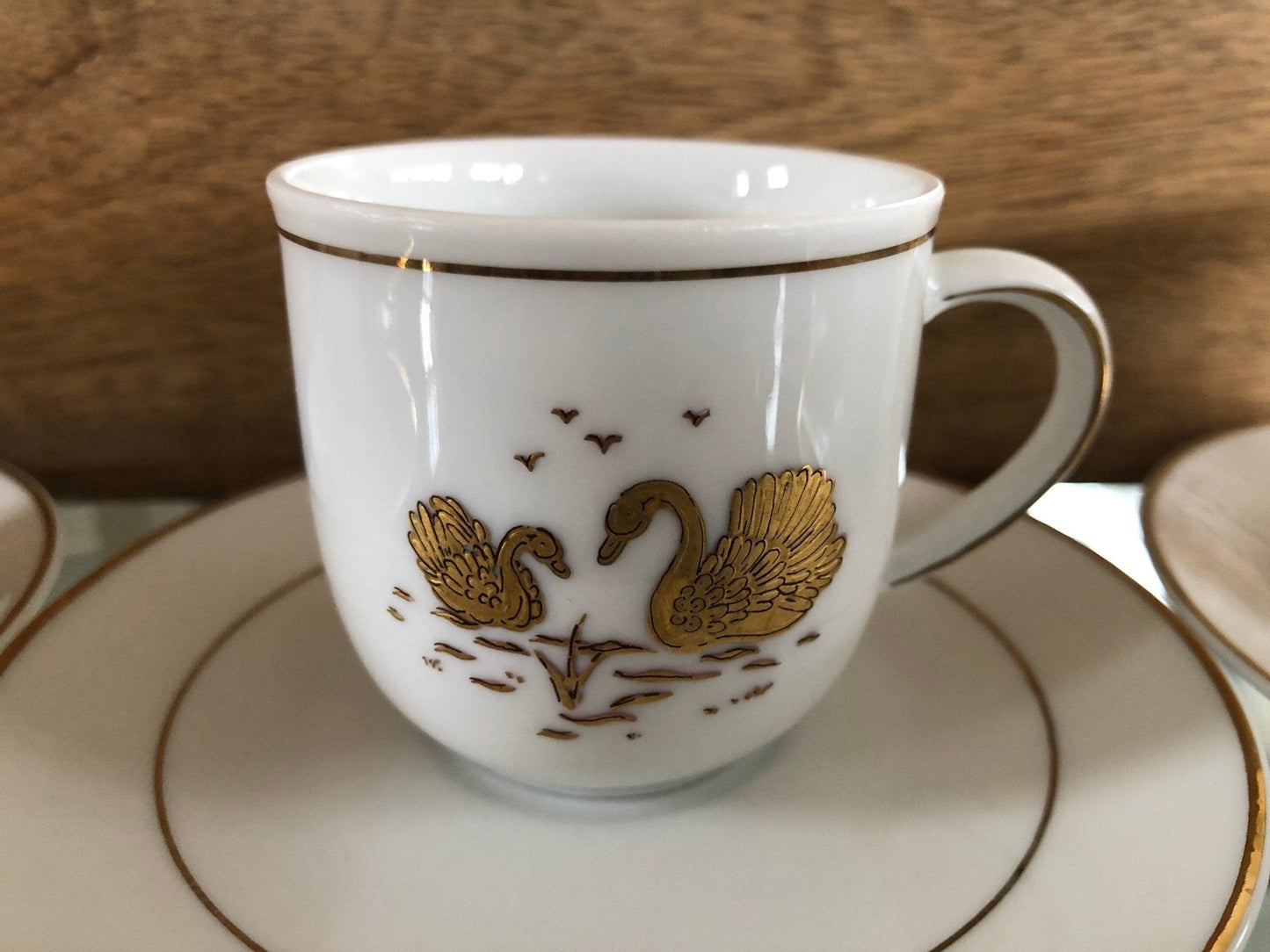 Kronester Bavaria Demitasse Cups & Saucers, Set of 4 — Gold Swan, West Germany, c. pre - 1990 - Loom Vintage
