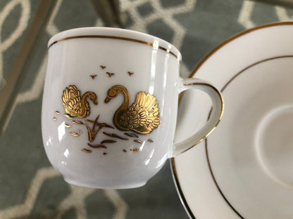 Kronester Bavaria Demitasse Cups & Saucers, Set of 4 — Gold Swan, West Germany, c. pre - 1990 - Loom Vintage