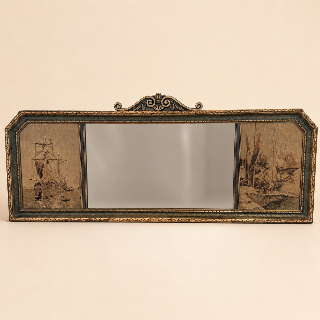 Antique La France jacquard tapestry mirror with nautical ship panels and a carved crest, front view