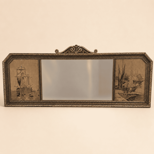 Antique La France jacquard tapestry mirror with nautical ship panels and a carved crest, front view