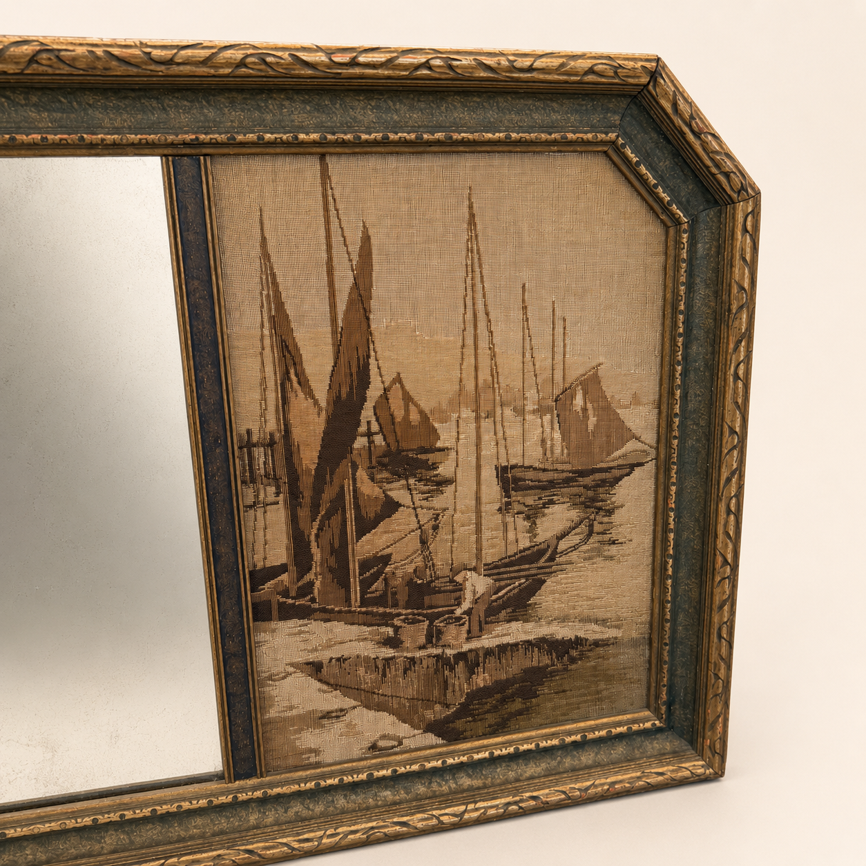 Left woven jacquard tapestry panel of a tall ship on the antique La France mirror