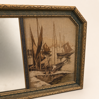 Left woven jacquard tapestry panel of a tall ship on the antique La France mirror