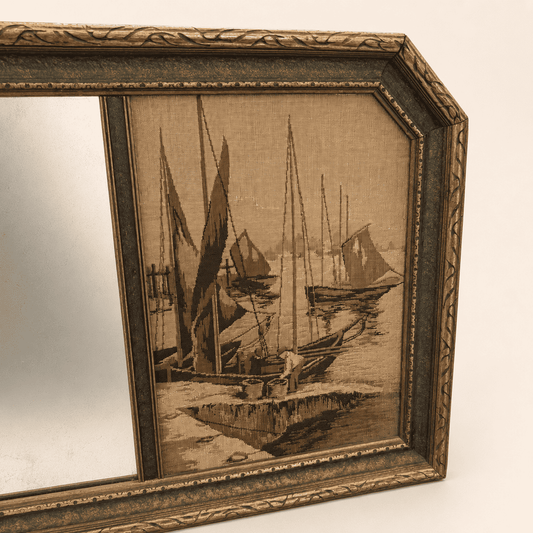 Left woven jacquard tapestry panel of a tall ship on the antique La France mirror
