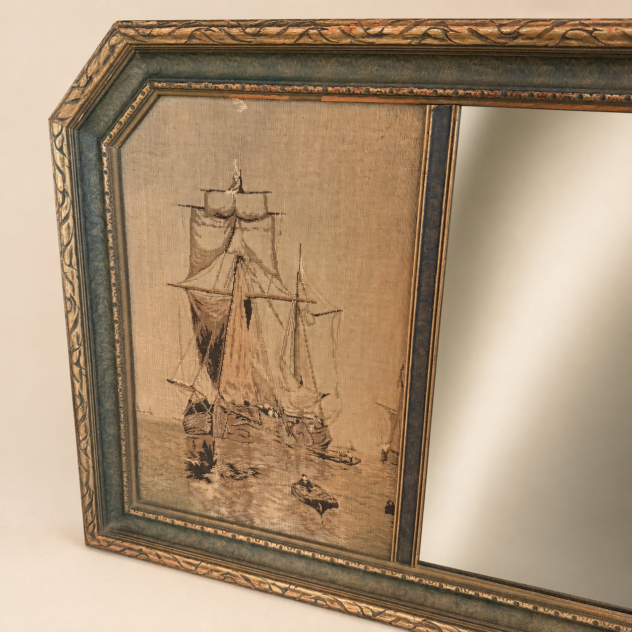 Right woven jacquard tapestry panel of a tall ship on the antique La France mirror