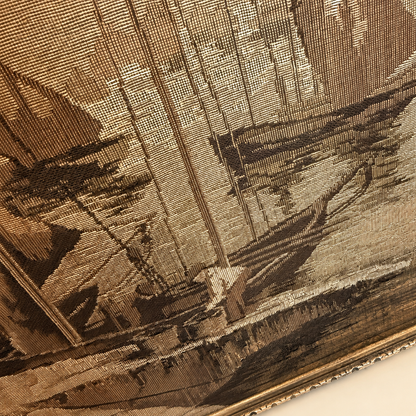 Close-up of the jacquard tapestry weave on the antique La France ship mirror