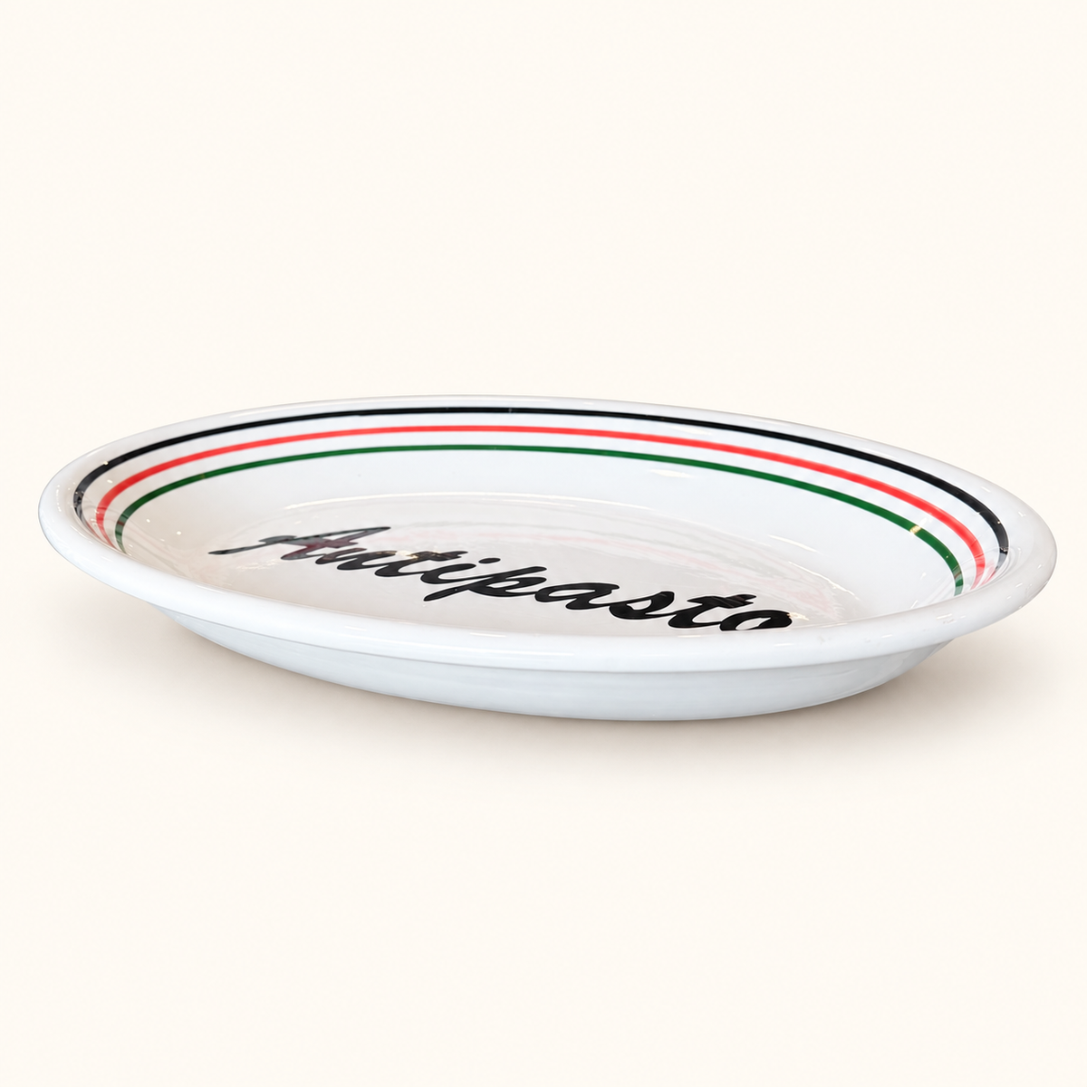 White ceramic Antipasto platter with black script lettering