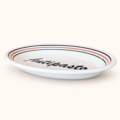 White ceramic Antipasto platter with black script lettering