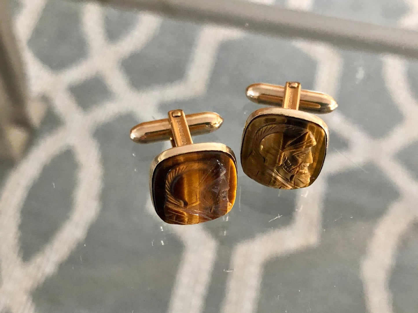 Lamode 10K Gold Filled Carved Tiger Eye Warrior Cameo Cufflinks — 1/20 10K GF, c. 1950s–60s - Loom Vintage