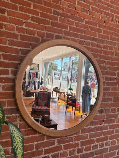 Large Round Wood Wall Mirror with Natural Finish, 41” Diameter - Loom Vintage
