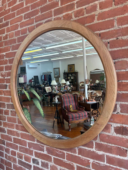 Large Round Wood Wall Mirror with Natural Finish, 41” Diameter - Loom Vintage