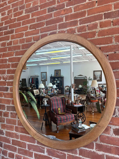 Large Round Wood Wall Mirror with Natural Finish, 41” Diameter - Loom Vintage