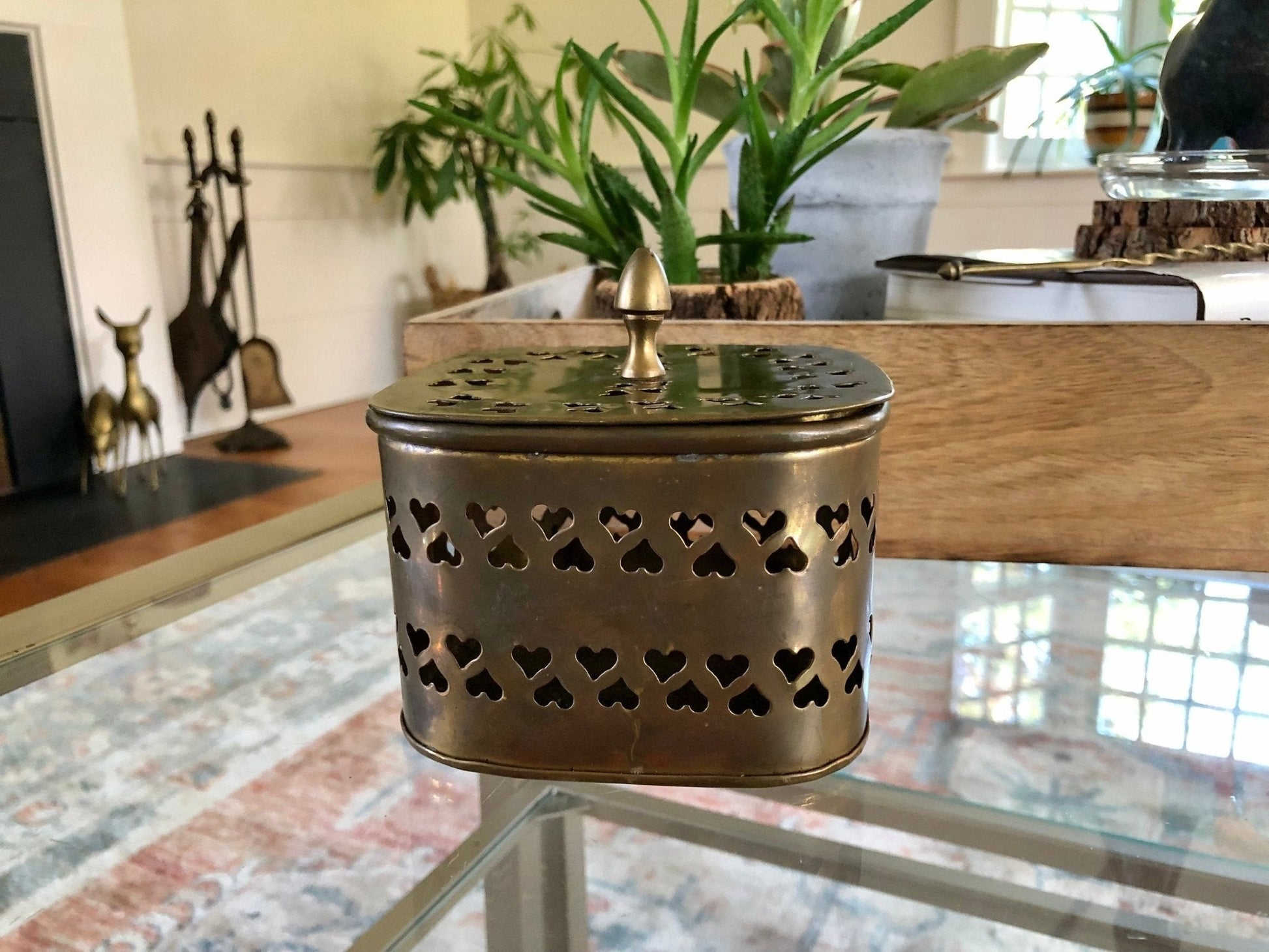 Large Vintage Rounded Square Brass Trinket Box, Gift Box, Incense, Hearts Stamped metal - Loom Vintage