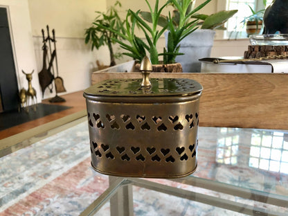Large Vintage Rounded Square Brass Trinket Box, Gift Box, Incense, Hearts Stamped metal - Loom Vintage