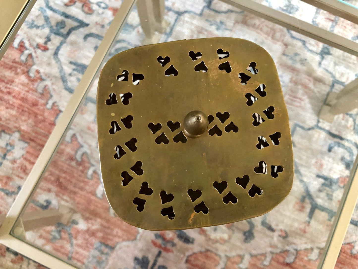 Large Vintage Rounded Square Brass Trinket Box, Gift Box, Incense, Hearts Stamped metal - Loom Vintage