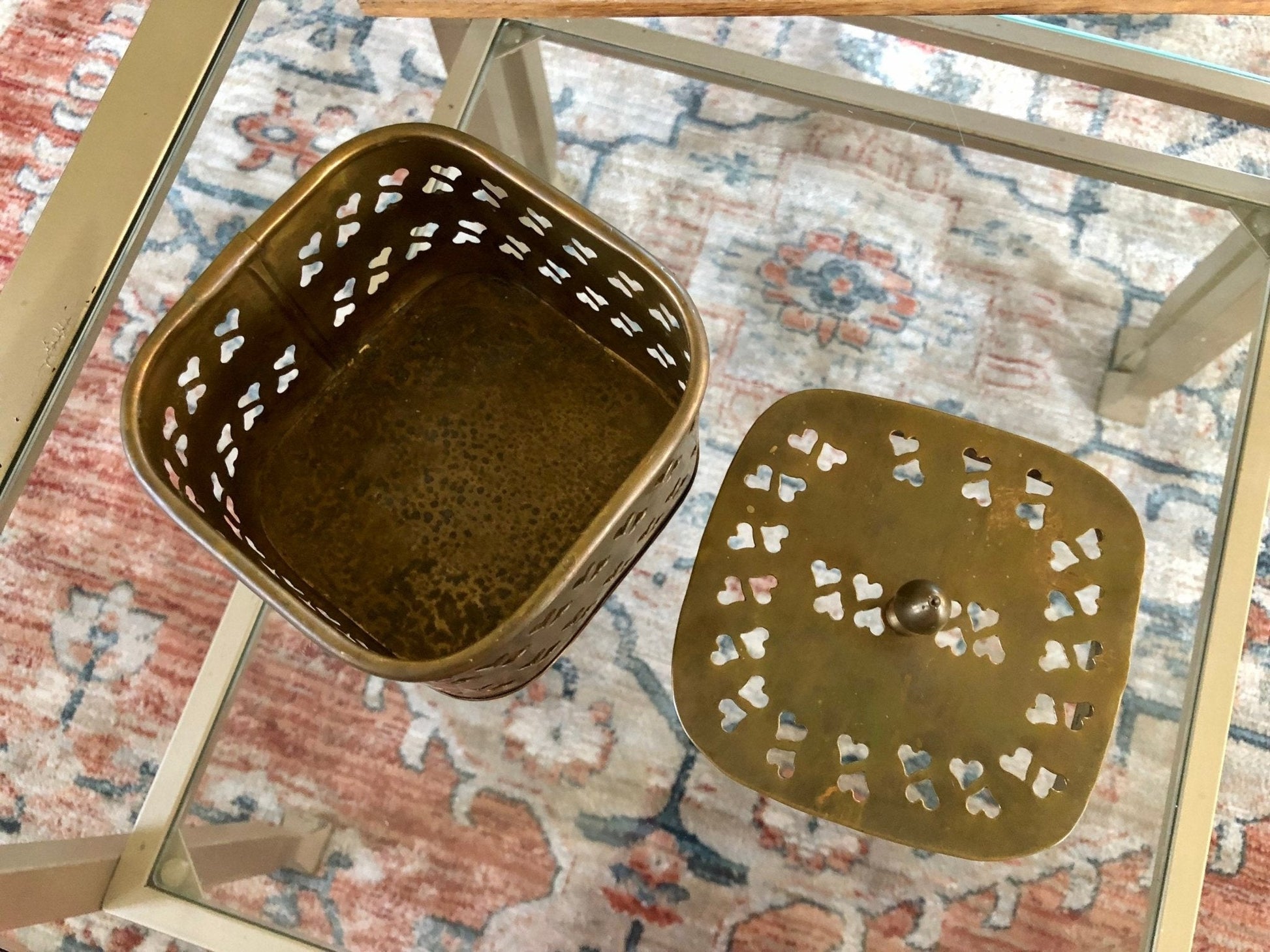 Large Vintage Rounded Square Brass Trinket Box, Gift Box, Incense, Hearts Stamped metal - Loom Vintage