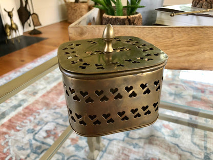 Large Vintage Rounded Square Brass Trinket Box, Gift Box, Incense, Hearts Stamped metal - Loom Vintage
