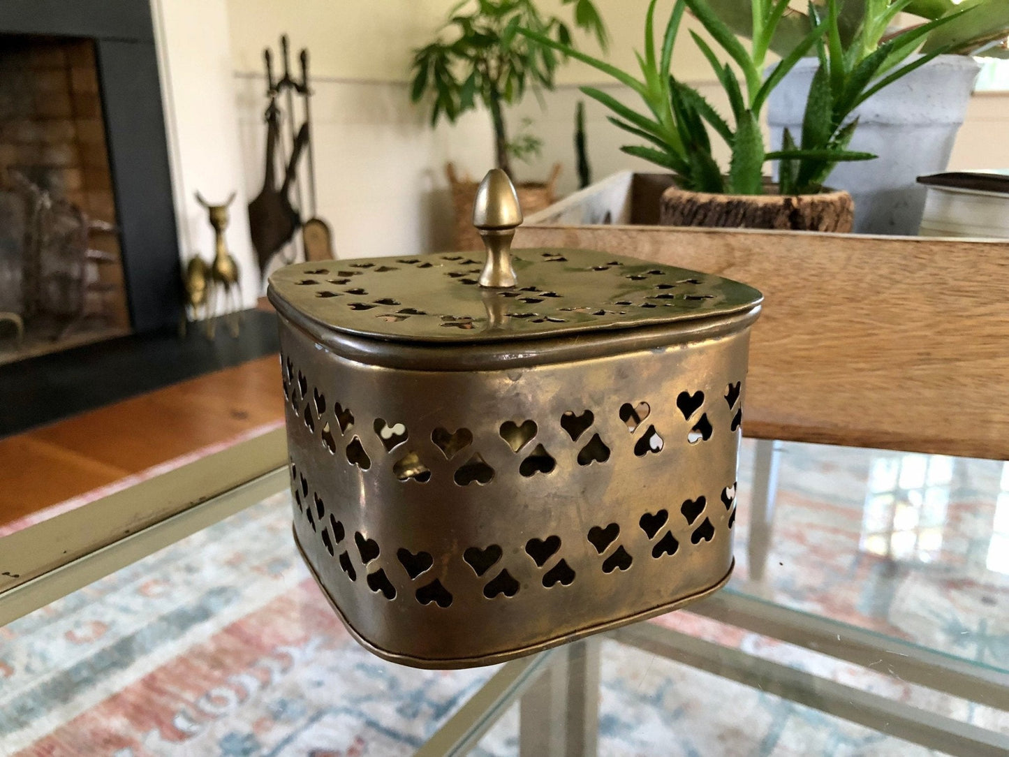 Large Vintage Rounded Square Brass Trinket Box, Gift Box, Incense, Hearts Stamped metal - Loom Vintage