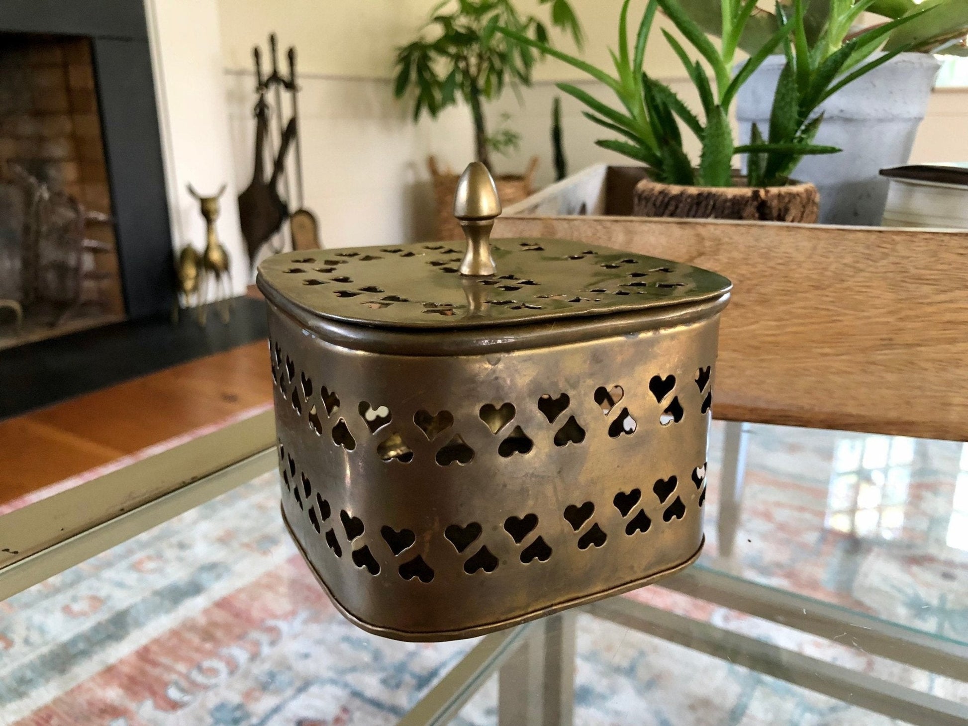 Large Vintage Rounded Square Brass Trinket Box, Gift Box, Incense, Hearts Stamped metal - Loom Vintage