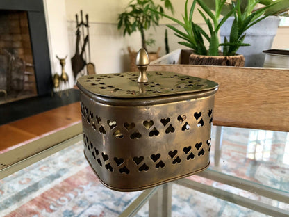 Large Vintage Rounded Square Brass Trinket Box, Gift Box, Incense, Hearts Stamped metal - Loom Vintage