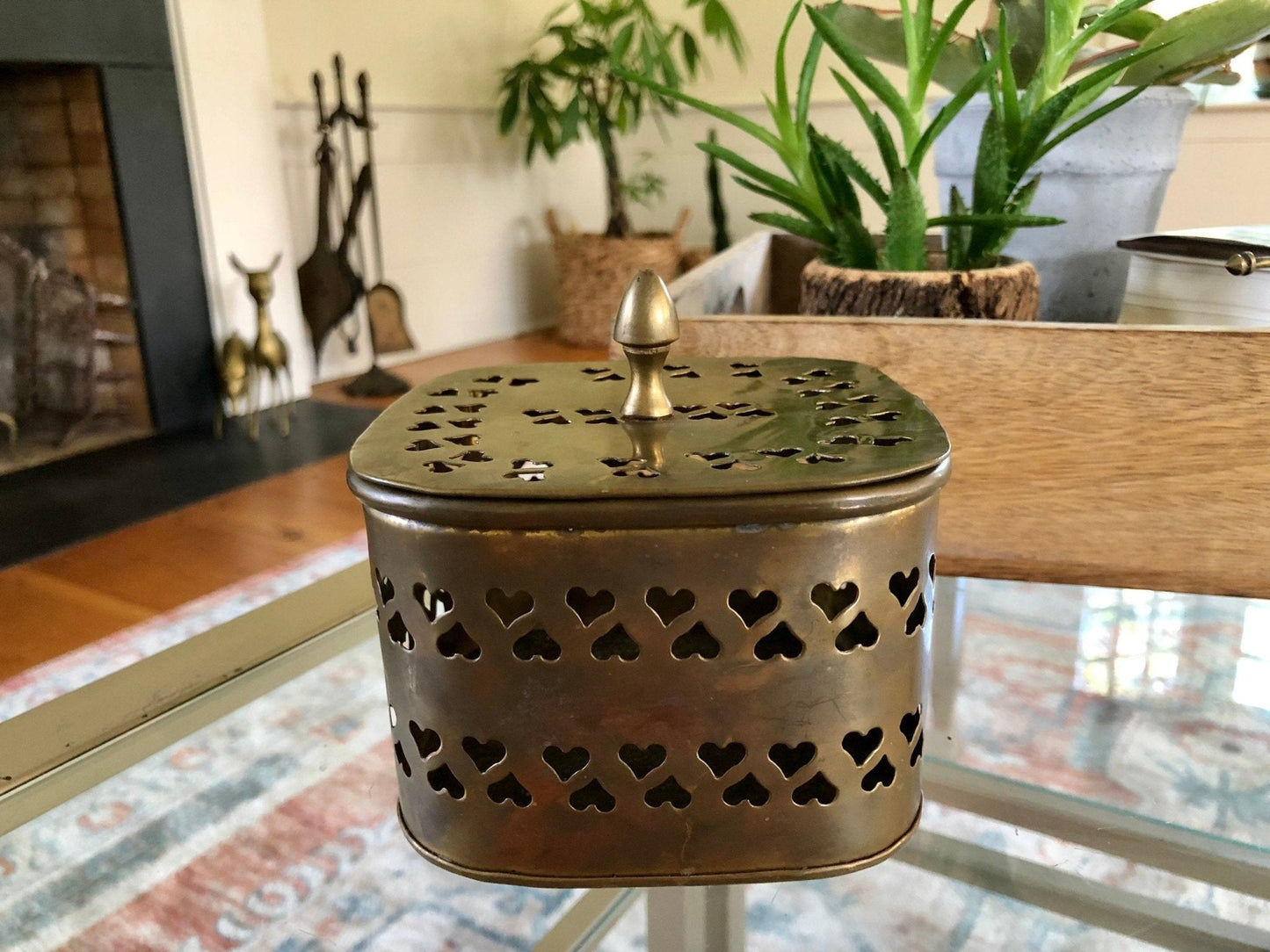 Large Vintage Rounded Square Brass Trinket Box, Gift Box, Incense, Hearts Stamped metal - Loom Vintage