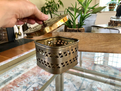 Large Vintage Rounded Square Brass Trinket Box, Gift Box, Incense, Hearts Stamped metal - Loom Vintage
