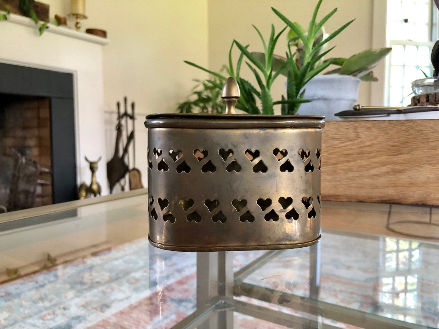Large Vintage Rounded Square Brass Trinket Box, Gift Box, Incense, Hearts Stamped metal - Loom Vintage