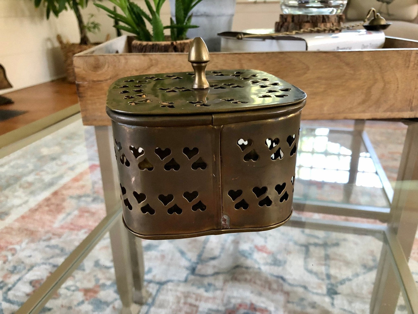 Large Vintage Rounded Square Brass Trinket Box, Gift Box, Incense, Hearts Stamped metal - Loom Vintage
